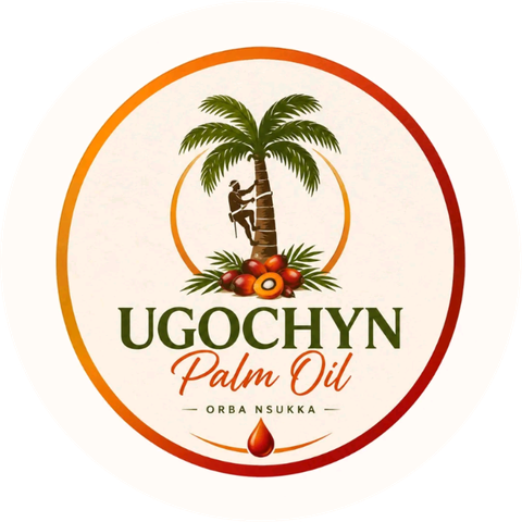Ugochyn Palm Oil logo: a palm tree with a climber, palm fruits and an oil drop